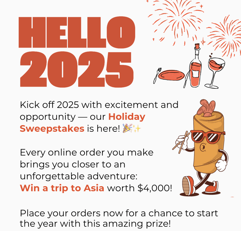 A promotional banner inviting participants to win a trip to Asia, featuring vibrant images of Asian landmarks and culture